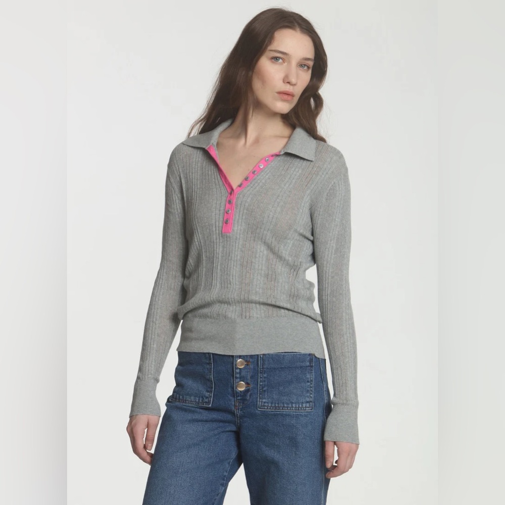 Label+Thread Gray Pointelle Long‎ Sleeve Henley Vanessa Top Size Large